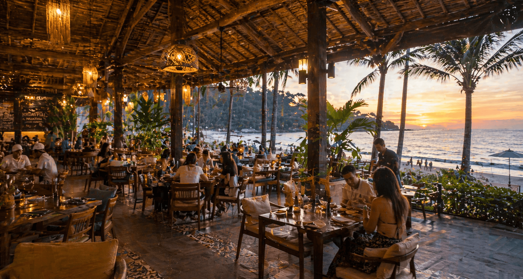 beachfront restaurant at sunset in Bang Tao Beach Phuket with ocean views and tropical atmosphere